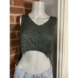 Black Shimmer Knit Crop Top V Neck Sparkly Y2K Going Out Sleeveless Hi/Lo Tank